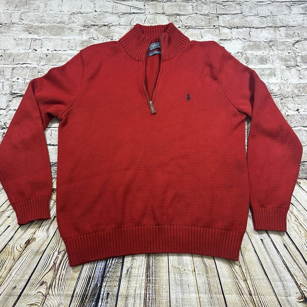 Vintage Polo Ralph Lauren Men's Sweater Large Red 1/4 Zip Pullover Preppy